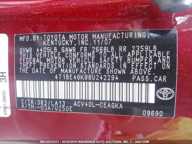4T1BE46K98U242294 - 2008 TOYOTA CAMRY CE/LE/XLE/SE RED photo 9