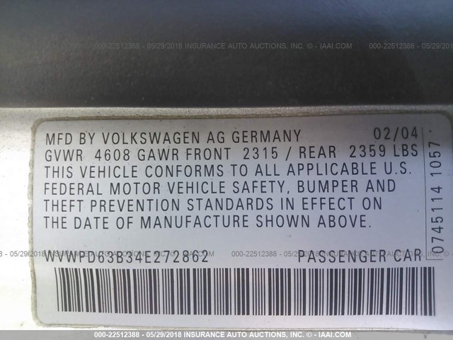 WVWPD63B34E272862 - 2004 VOLKSWAGEN PASSAT GLS SILVER photo 9