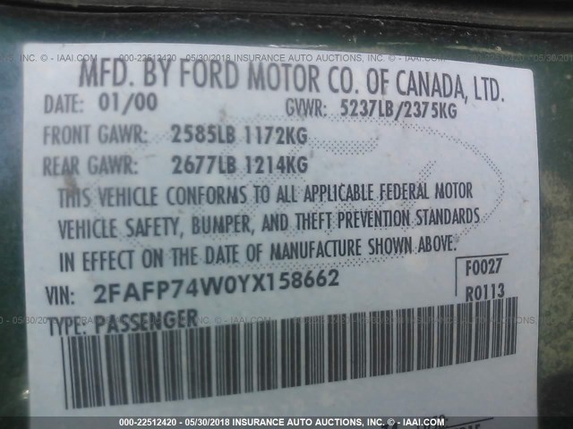 2FAFP74W0YX158662 - 2000 FORD CROWN VICTORIA LX GREEN photo 9