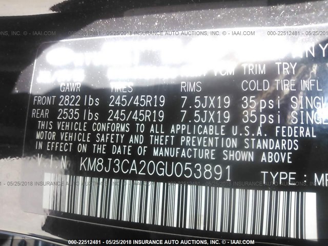 KM8J3CA20GU053891 - 2016 HYUNDAI TUCSON LIMITED/SPORT AND ECO/SE BLACK photo 9