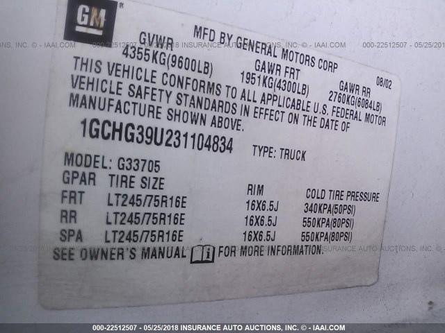 1GCHG39U231104834 - 2003 CHEVROLET EXPRESS G3500  WHITE photo 9