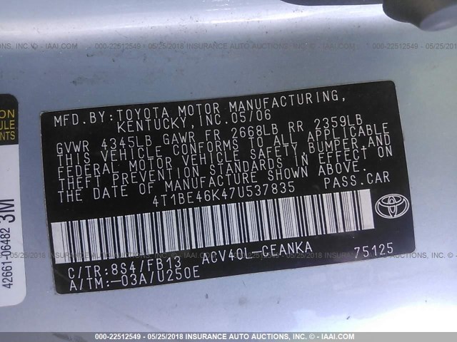 4T1BE46K47U537835 - 2007 TOYOTA CAMRY NEW GENERAT CE/LE/XLE/SE BLUE photo 9