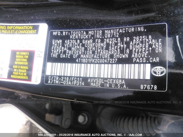 4T1BD1FK2CU047227 - 2012 TOYOTA CAMRY HYBRID/LE/XLE 白色 照片 9