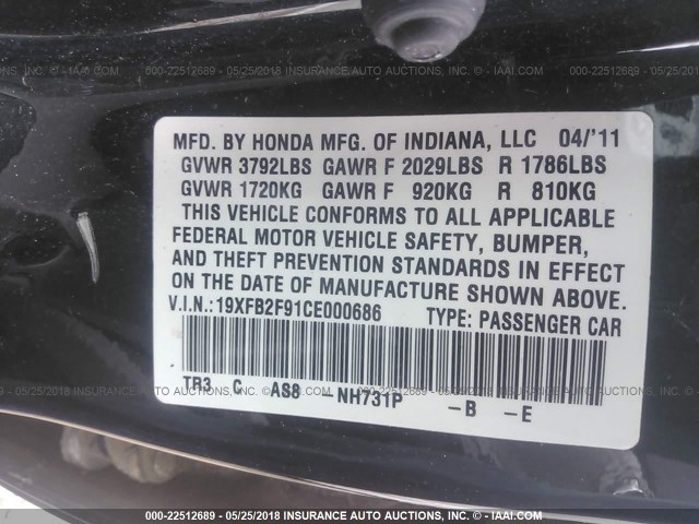 19XFB2F91CE000686 - 2012 HONDA CIVIC EXL შავი ფოტო 9