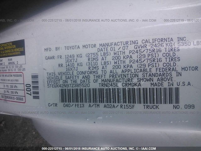 5TEUX42N97Z385520 - 2007 TOYOTA TACOMA ACCESS CAB თეთრი ფოტო 9