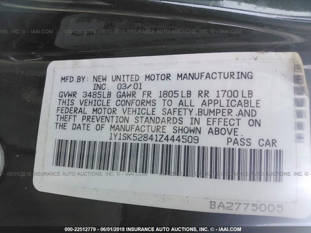 1Y1SK52841Z444509 - 2001 CHEVROLET GEO PRIZM LSI 绿色 照片 9