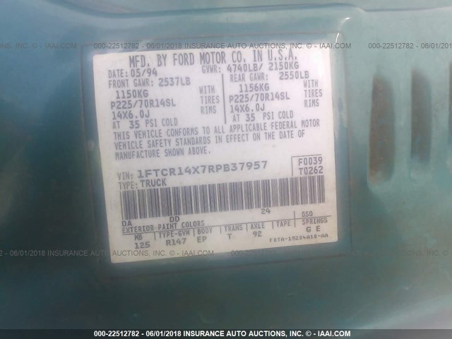 1FTCR14X7RPB37957 - 1994 FORD RANGER SUPER CAB GREEN photo 9