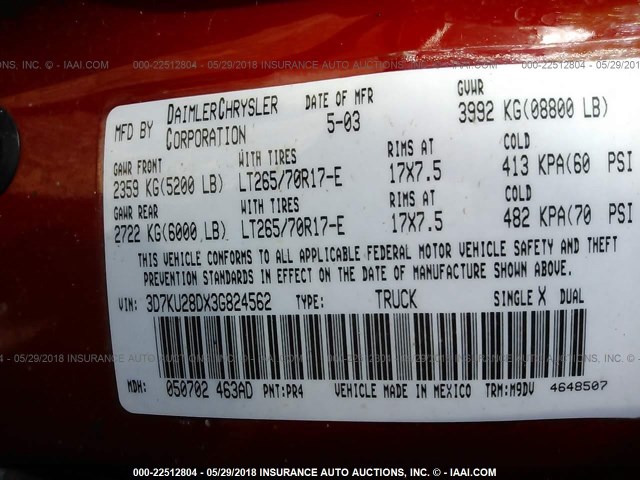 3D7KU28DX3G824562 - 2003 DODGE RAM 2500 ST/SLT 红色 照片 9