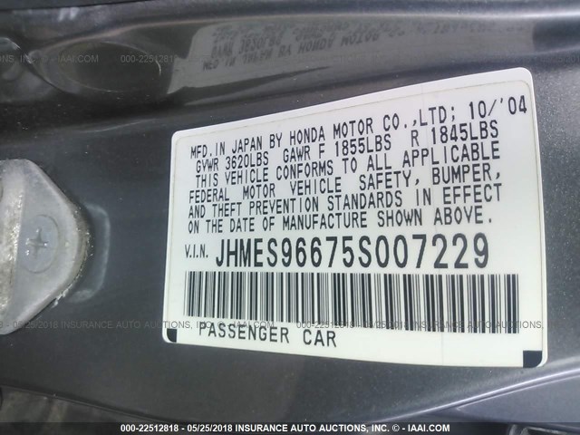 JHMES96675S007229 - 2005 HONDA CIVIC HYBRID GRAY photo 9