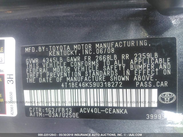 4T1BE46K59U318272 - 2009 TOYOTA CAMRY SE/LE/XLE 灰色 照片 9