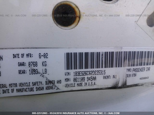 1B3ES26C62D635315 - 2002 DODGE NEON WHITE photo 9