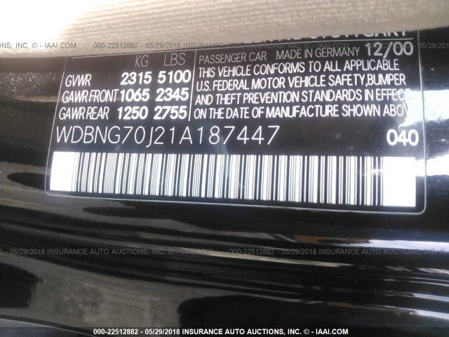 WDBNG70J21A187447 - 2001 MERCEDES-BENZ S 430 BLACK photo 9