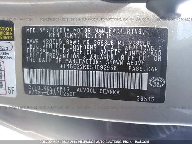 4T1BE32K05U092958 - 2005 TOYOTA CAMRY LE/XLE/SE Bej foto 9