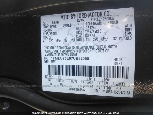 1FMEU75E97UB32065 - 2007 FORD EXPLORER LIMITED 灰色 照片 9