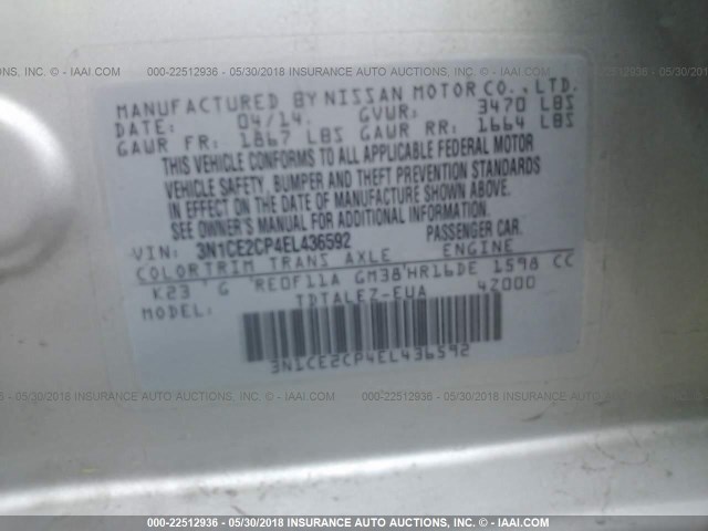 3N1CE2CP4EL436592 - 2014 NISSAN VERSA NOTE S/S PLUS/SV/SL SILVER photo 9