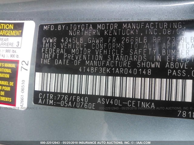 4T4BF3EK1AR040148 - 2010 TOYOTA CAMRY SE/LE/XLE 绿色 照片 9