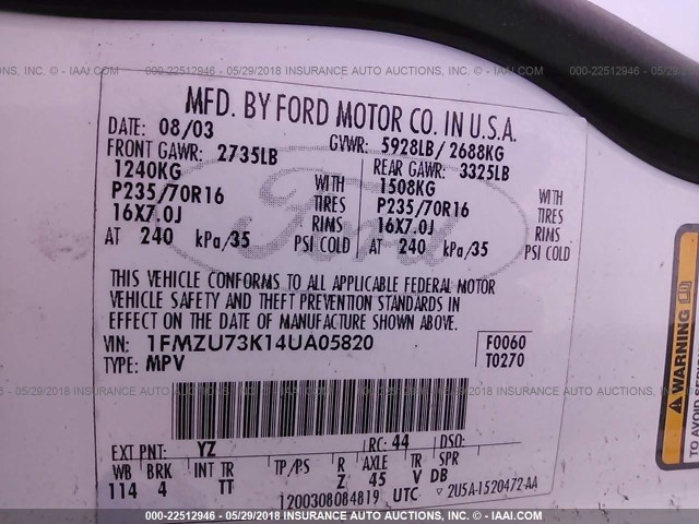 1FMZU73K14UA05820 - 2004 FORD EXPLORER XLT/XLT SPORT/NBX 白色 照片 9