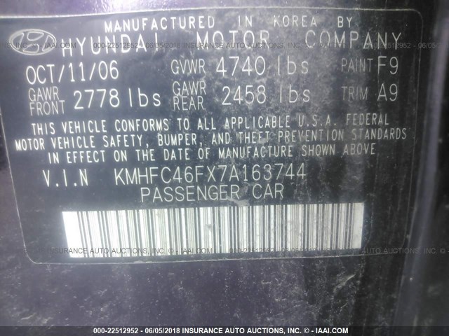 KMHFC46FX7A163744 - 2007 HYUNDAI AZERA SE/LIMITED PURPLE photo 9