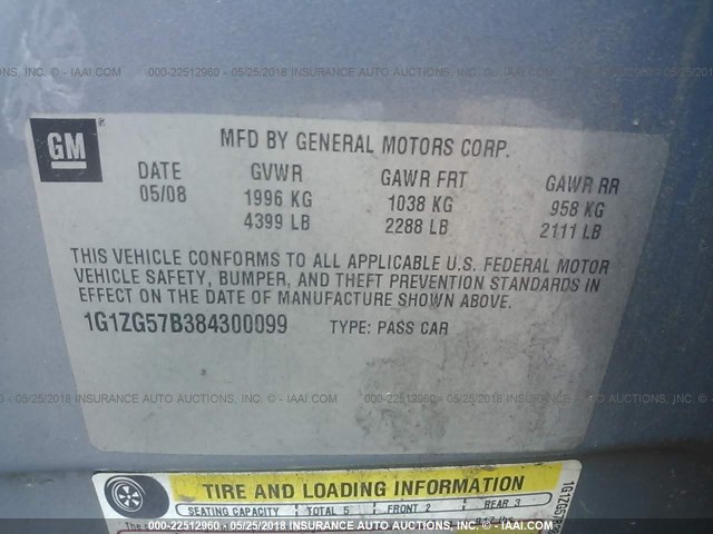 1G1ZG57B384300099 - 2008 CHEVROLET MALIBU LS 蓝色 照片 9