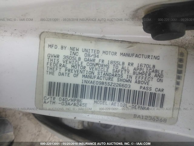 1NXAE09B5SZ226603 - 1995 TOYOTA COROLLA LE/DX 白色 照片 9