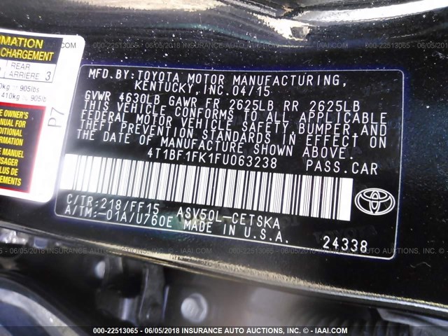 4T1BF1FK1FU063238 - 2015 TOYOTA CAMRY LE/XLE/SE/XSE BLACK photo 9