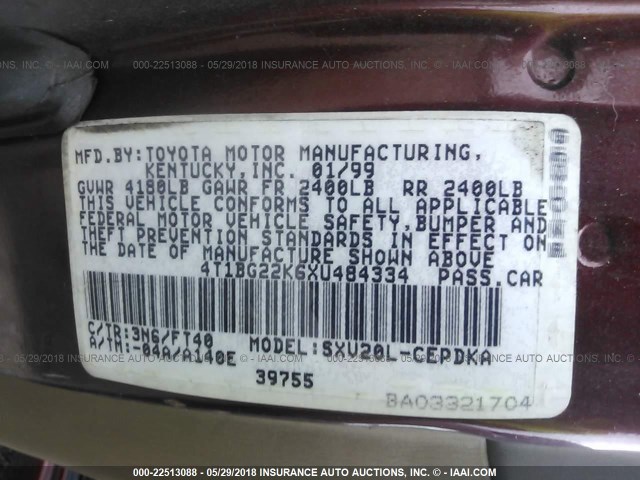 4T1BG22K6XU484334 - 1999 TOYOTA CAMRY CE/LE/XLE 栗色 照片 9