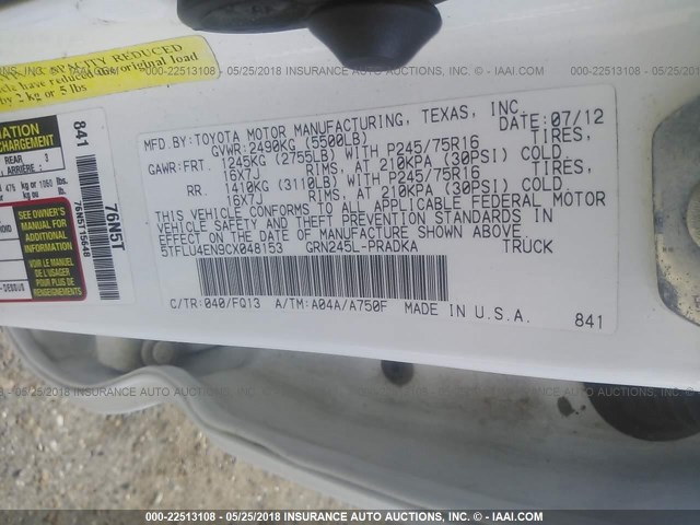 5TFLU4EN9CX048153 - 2012 TOYOTA TACOMA DOUBLE CAB 白色 照片 9