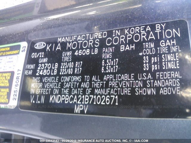 KNDPBCA21B7102671 - 2011 KIA SPORTAGE LX BLACK photo 9