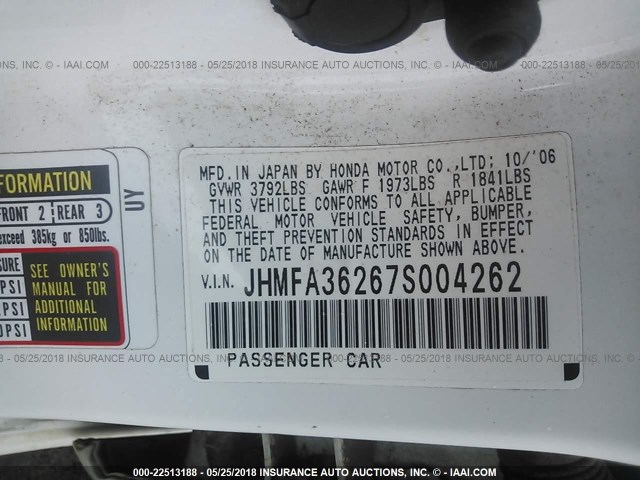 JHMFA36267S004262 - 2007 HONDA CIVIC HYBRID WHITE photo 9