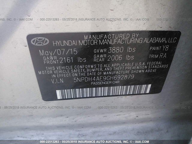 5NPDH4AE9GH692879 - 2016 HYUNDAI ELANTRA SE/SPORT/LIMITED SILVER photo 9