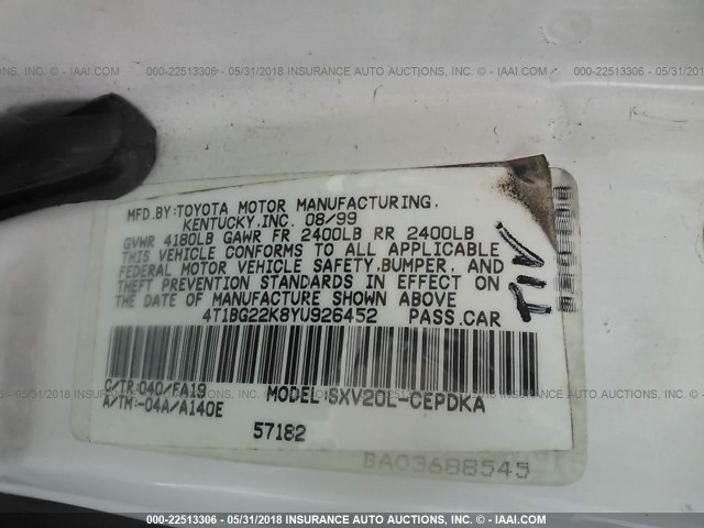 4T1BG22K8YU926452 - 2000 TOYOTA CAMRY CE/LE/XLE WHITE photo 9