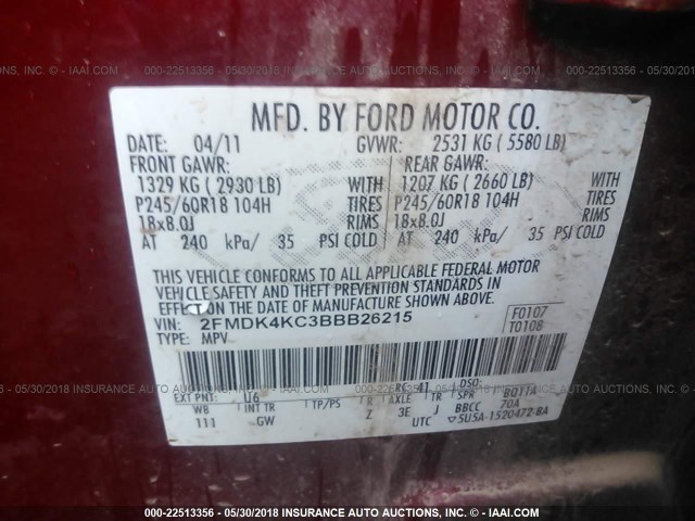 2FMDK4KC3BBB26215 - 2011 FORD EDGE LIMITED RED photo 9