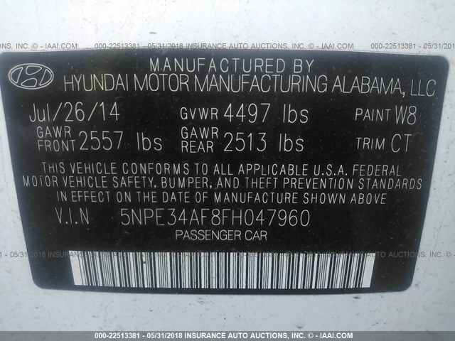 5NPE34AF8FH047960 - 2015 HYUNDAI SONATA SPORT/LIMITED WHITE photo 9