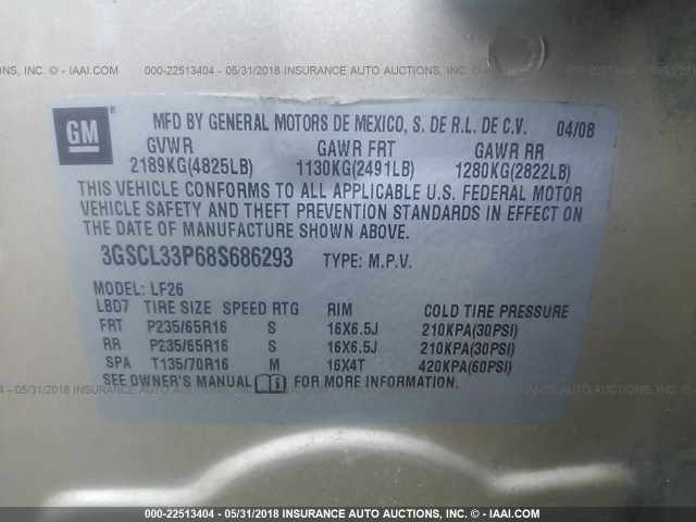 3GSCL33P68S686293 - 2008 SATURN VUE XE GOLD photo 9