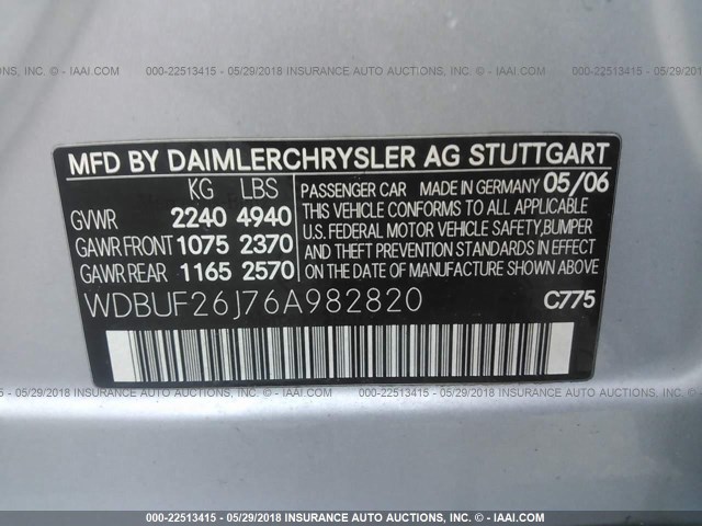 WDBUF26J76A982820 - 2006 MERCEDES-BENZ E 320 CDI SILVER photo 9