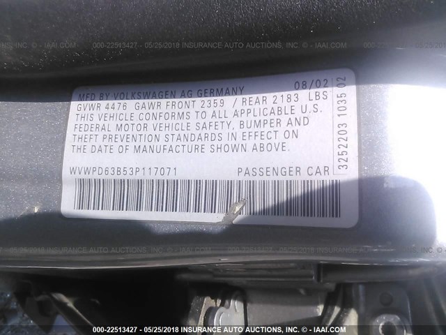 WVWPD63B53P117071 - 2003 VOLKSWAGEN PASSAT GLS GRAY photo 9