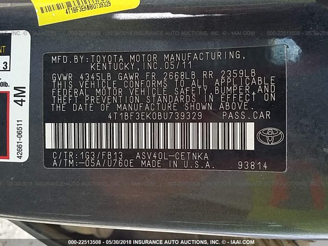 4T1BF3EK0BU739329 - 2011 TOYOTA CAMRY SE/LE/XLE ნაცრისფერი ფოტო 9