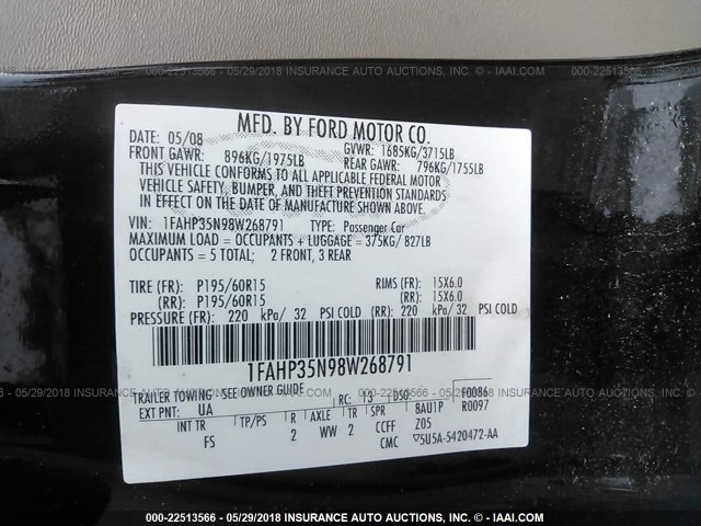 1FAHP35N98W268791 - 2008 FORD FOCUS SE/SEL/SES BLACK photo 9