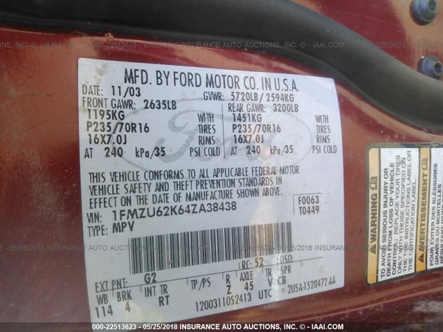 1FMZU62K64ZA38438 - 2004 FORD EXPLORER XLS/XLS SPORT RED photo 9