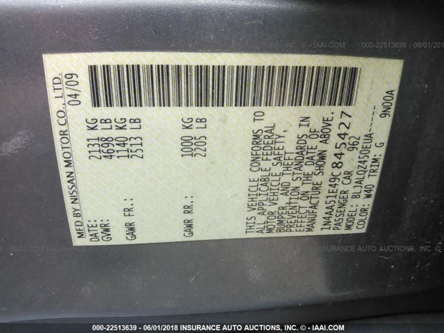 1N4AA51E49C845427 - 2009 NISSAN MAXIMA S/SV GRAY photo 9