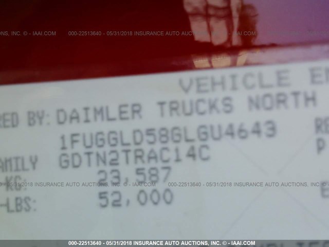 1FUGGLD58GLGU4643 - 2016 FREIGHTLINER CASCADIA 125  RED photo 10