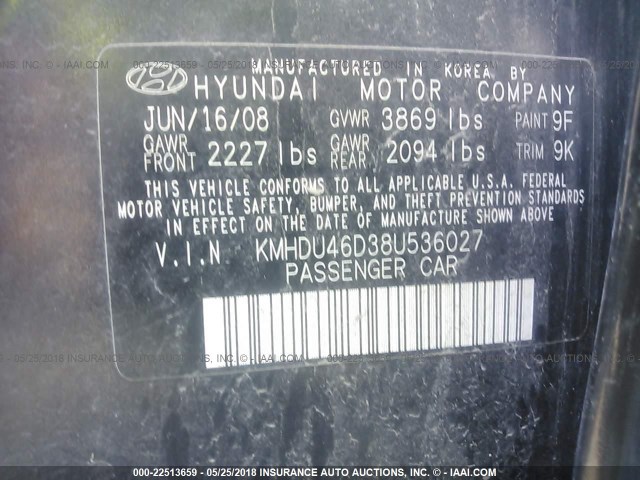 KMHDU46D38U536027 - 2008 HYUNDAI ELANTRA GLS/SE/LIMITED BLACK photo 9