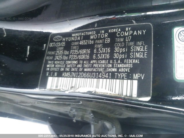 KM8JN12D66U314941 - 2006 HYUNDAI TUCSON GLS/LIMITED შავი ფოტო 9