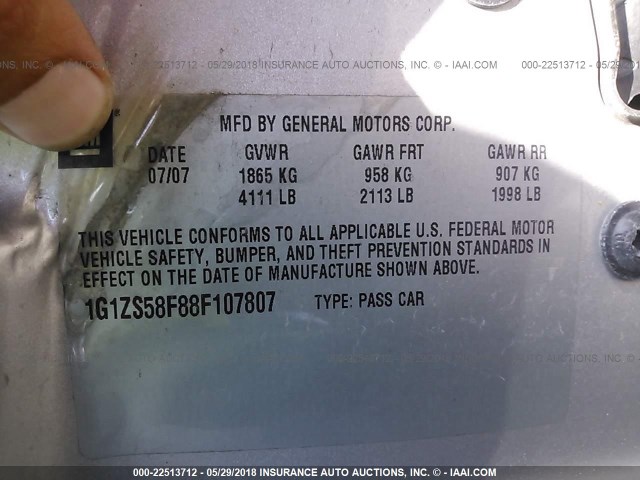 1G1ZS58F88F107807 - 2008 CHEVROLET MALIBU LS 银色 照片 9