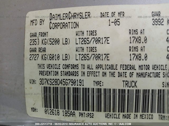 3D7KS28D45G790191 - 2005 DODGE RAM 2500 ST/SLT 银色 照片 9