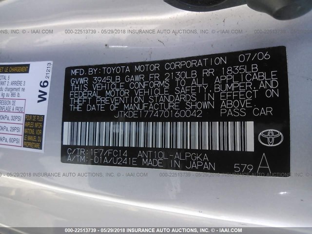 JTKDE177470160042 - 2007 TOYOTA SCION TC 银色 照片 9