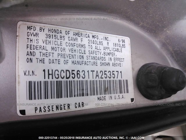 1HGCD5631TA253571 - 1996 HONDA ACCORD LX/EX SILVER photo 9