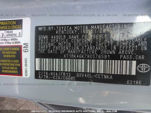 4T1BK46K78U576591 - 2008 TOYOTA CAMRY LE/XLE/SE 蓝色 照片 9