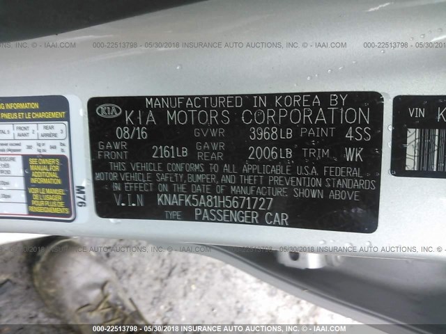 KNAFK5A81H5671727 - 2017 KIA FORTE LX SILVER photo 9