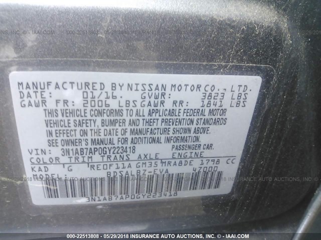 3N1AB7AP0GY223418 - 2016 NISSAN SENTRA S/SV/SR/SL GRAY photo 9